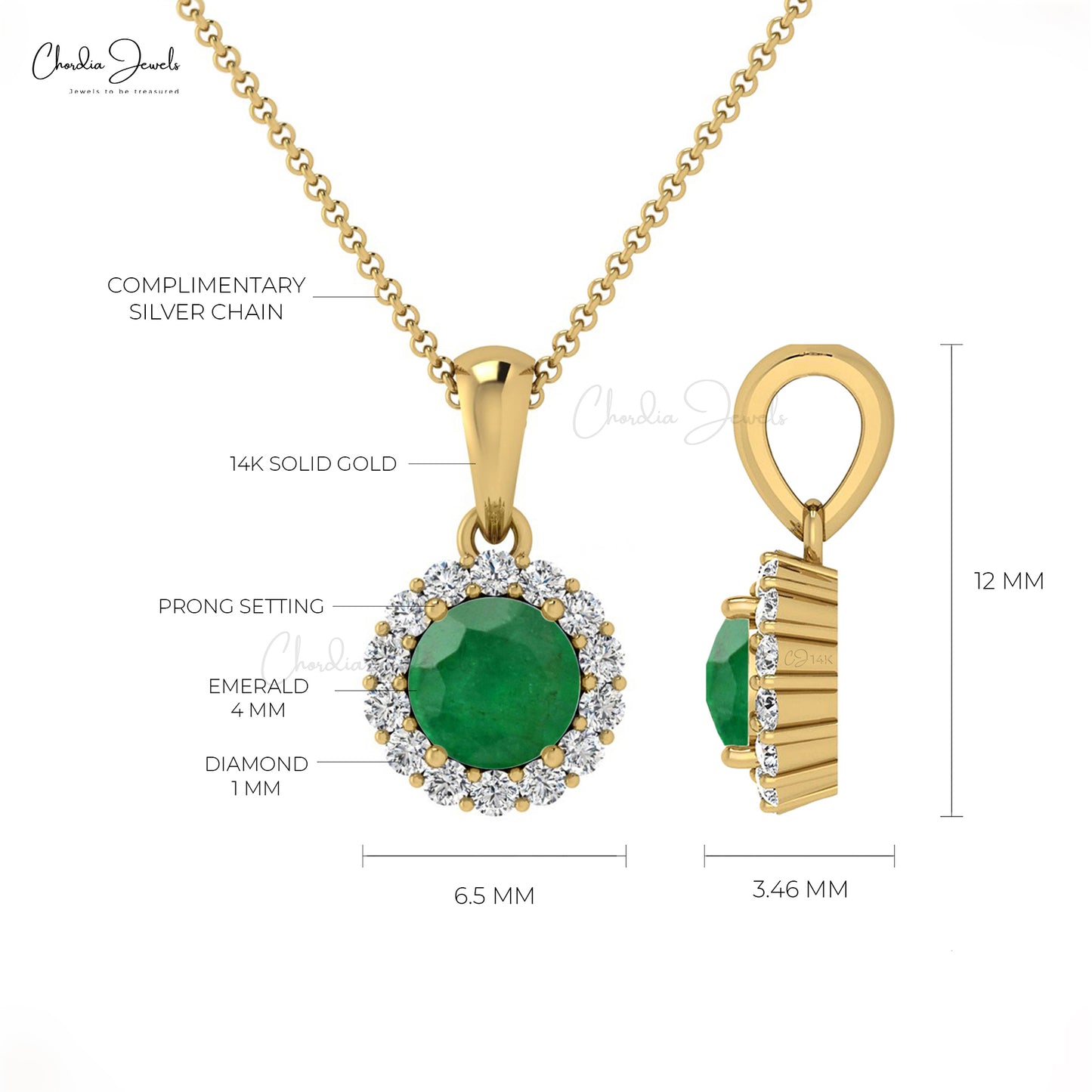 Genuine Diamond Halo Emerald Pendant In 14k Real Gold May Birthstone Handcrafted Pendant