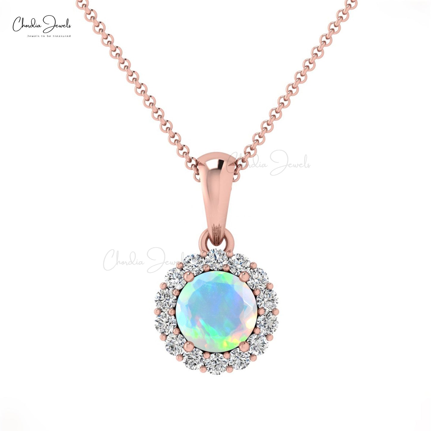 4mm Fire Opal Gemstone Diamond Halo Pendant in 14k gold