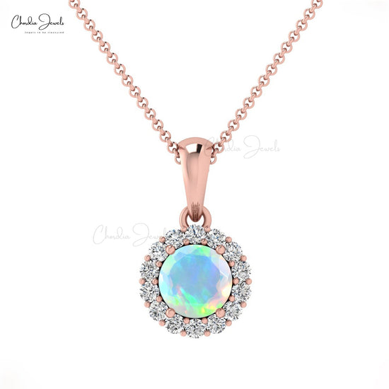 4mm Fire Opal Gemstone Diamond Halo Pendant in 14k gold