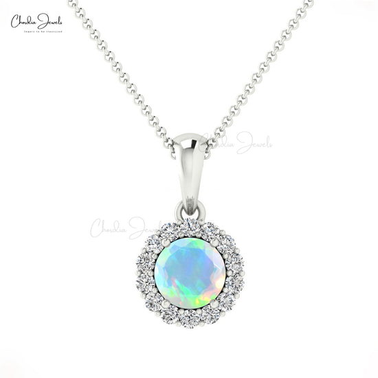 4mm Fire Opal Gemstone Diamond Halo Pendant in 14k gold