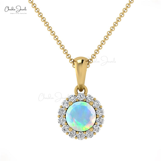 Load image into Gallery viewer, 4mm Fire Opal Gemstone Diamond Halo Pendant in 14k gold
