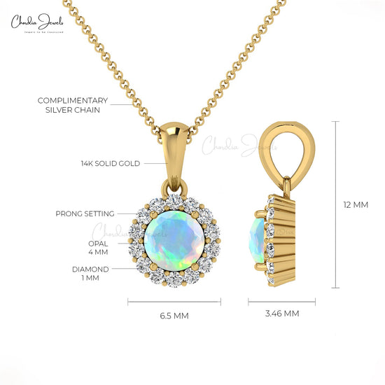 4mm Fire Opal Gemstone Diamond Halo Pendant in 14k gold
