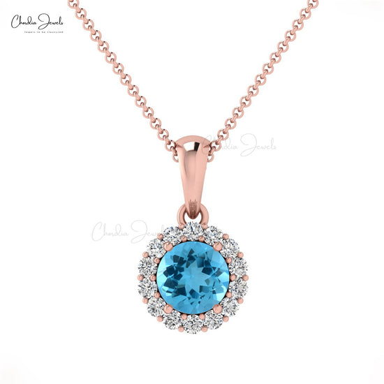 4mm round shaped blue topaz swiss and diamond halo pendant