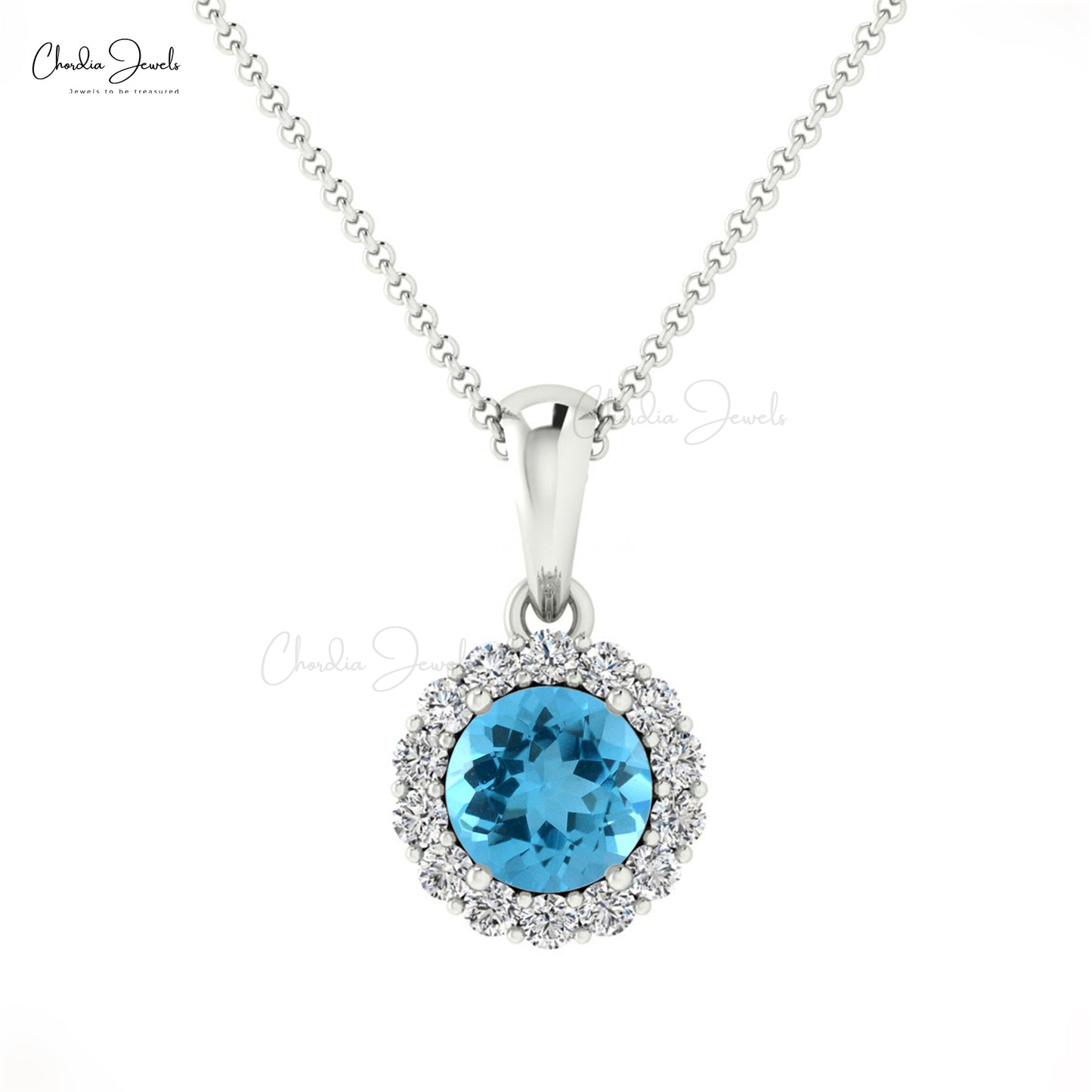 4mm round shaped blue topaz swiss and diamond halo pendant