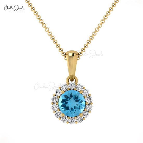 4mm round shaped blue topaz swiss and diamond halo pendant