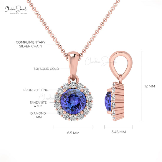 New Promotion Hot Style Diamond Halo Pendant Necklace Natural Blue Tanzanite Gemstone Solitaire Pendant Real 14k Gold Jewelry For Gift