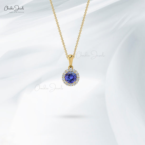 New Promotion Hot Style Diamond Halo Pendant Necklace Natural Blue Tanzanite Gemstone Solitaire Pendant Real 14k Gold Jewelry For Gift