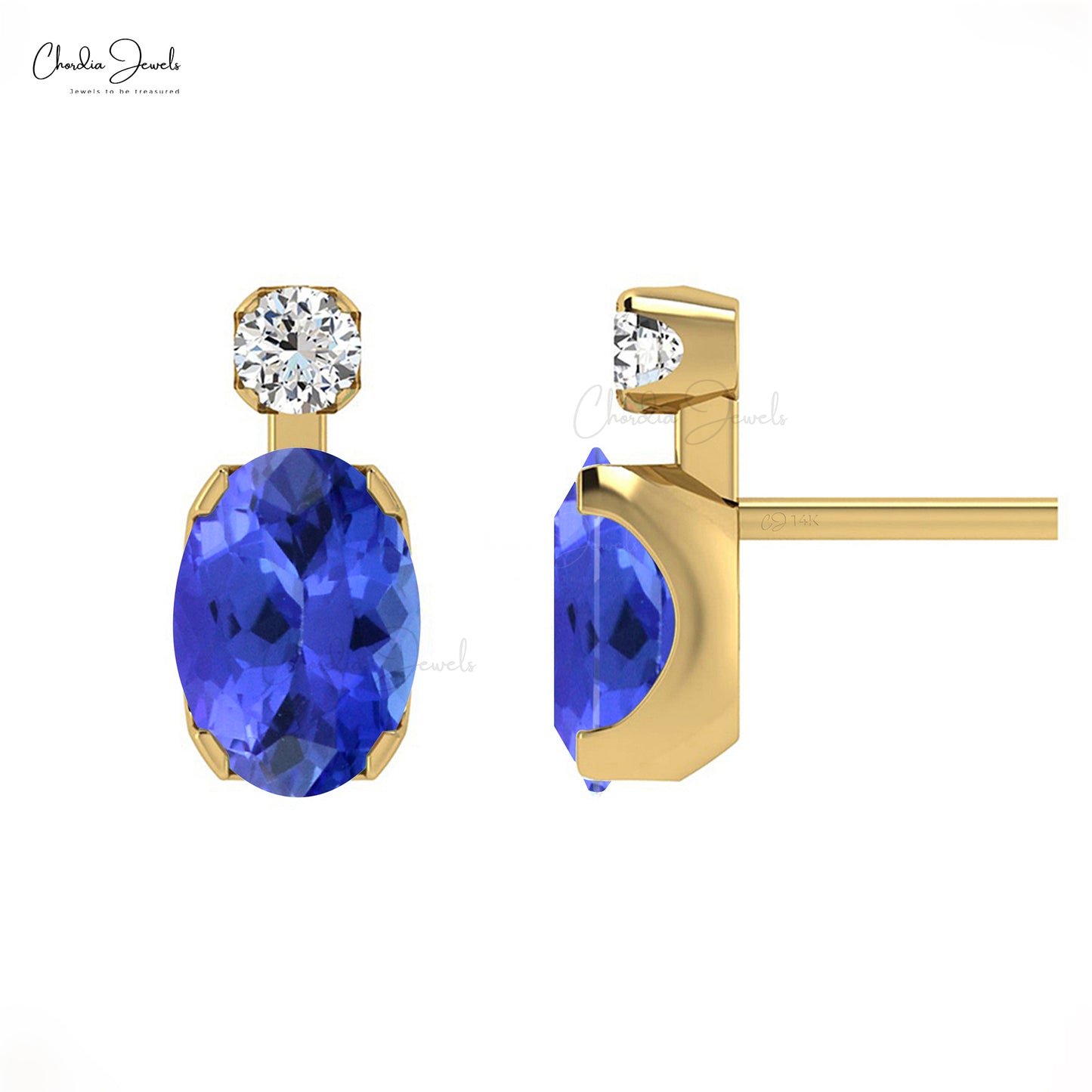 Load image into Gallery viewer, Natural Tanzanite Solitaire Studs 14k Real Gold Diamond Accented Earrings 7x5mm Oval Cut Gemstone Fine Jewelry

