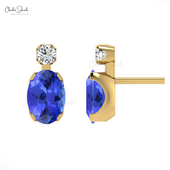 Authentic 1.6ct Tanzanite Gemstone Earrings 14k Solid Gold Diamond Accented Studs