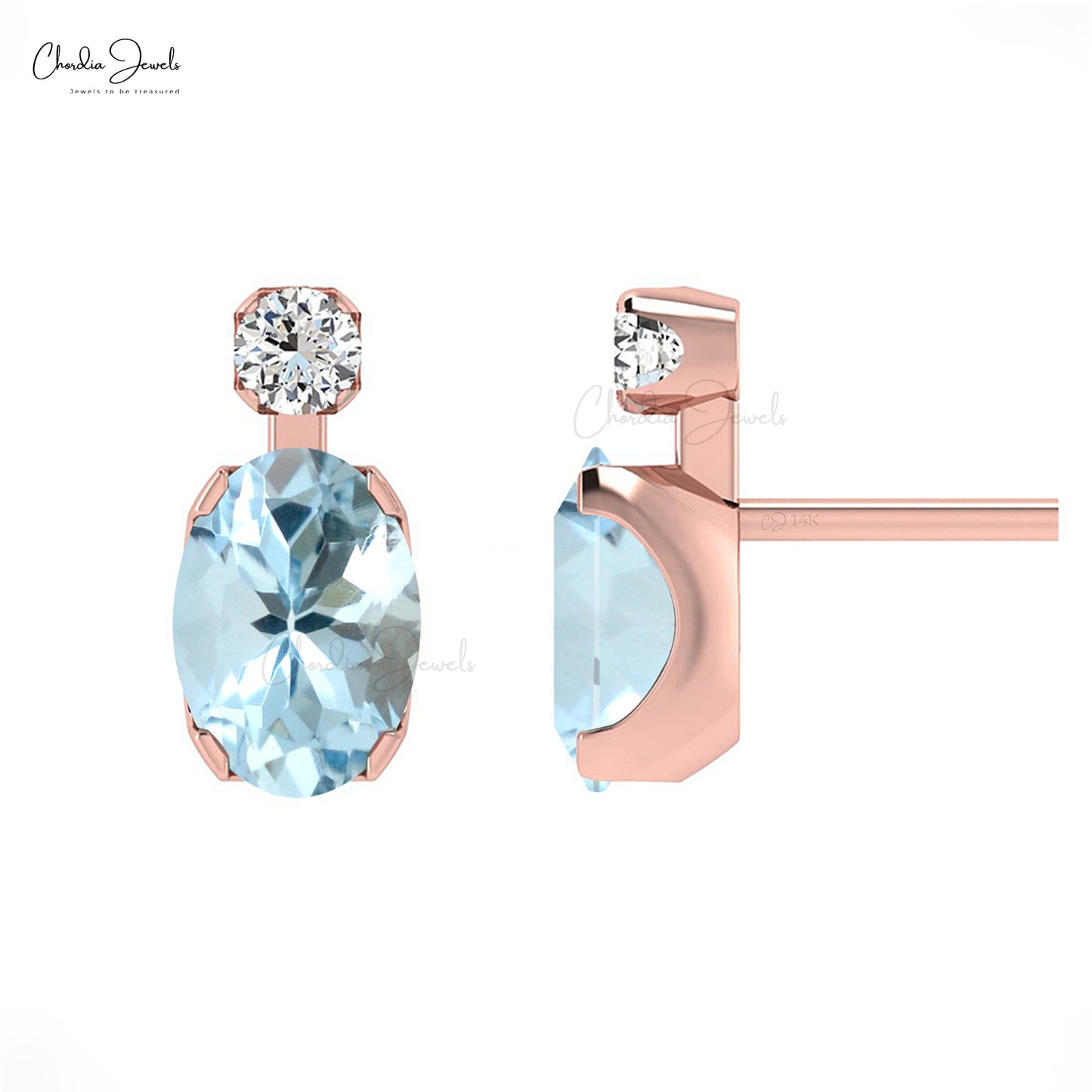 AAA Natural Aquamarine Studs Earrings in 14K Solid Gold