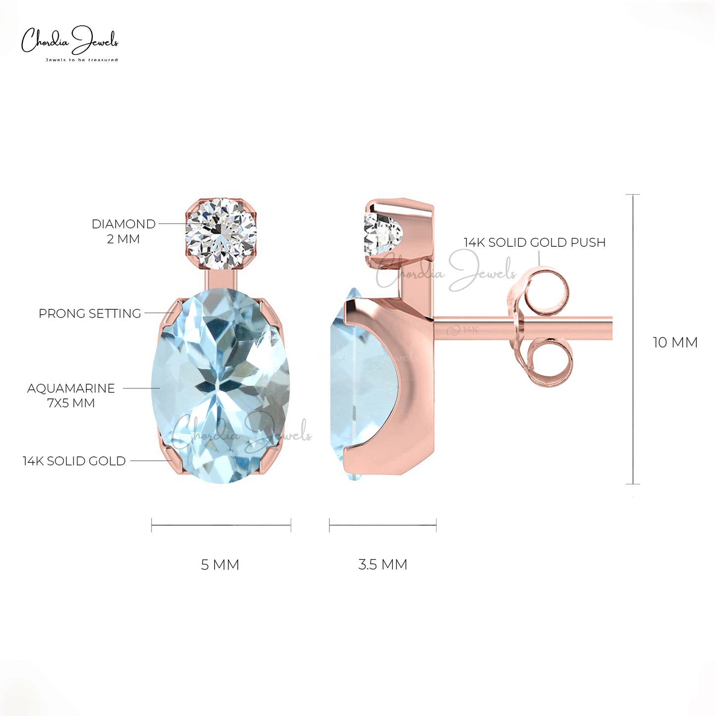 AAA Natural Aquamarine Studs Earrings in 14K Solid Gold