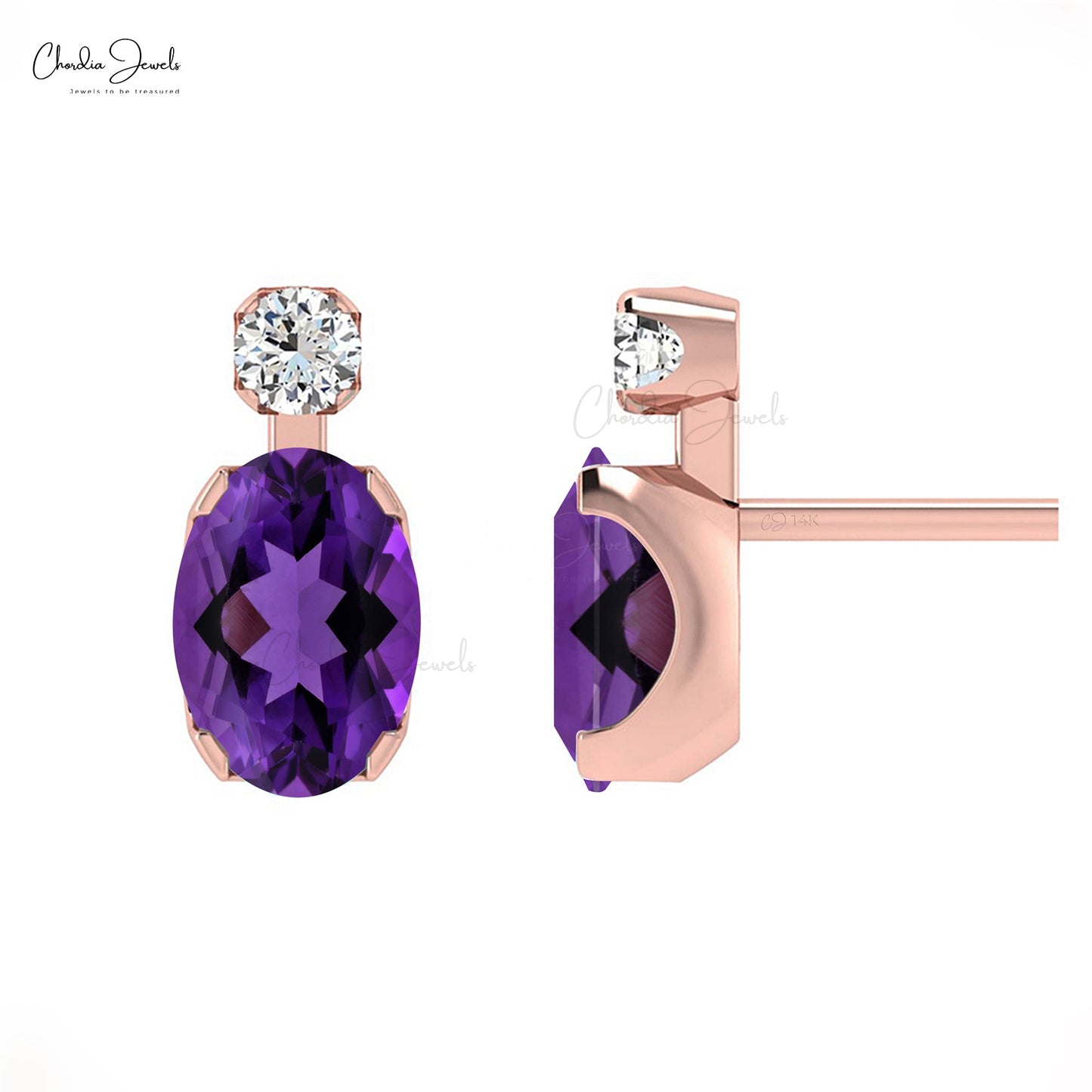 Load image into Gallery viewer, Natural 7X5 MM Oval Cut Amethyst Diamond Accented Studs in Solid Rose Gold
