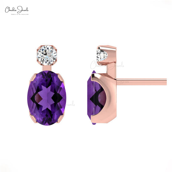 Natural 7X5 MM Oval Cut Amethyst Diamond Accented Studs in Solid Rose Gold
