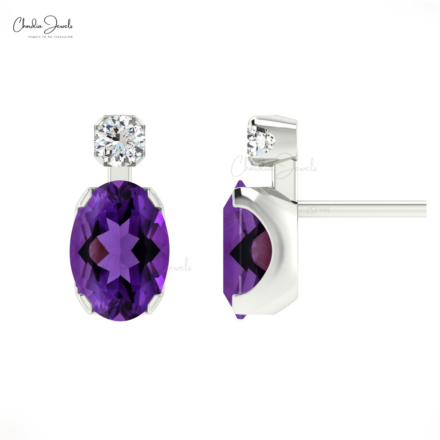 Natural 7X5 MM Oval Cut Amethyst Diamond Accented Studs in Solid white Gold