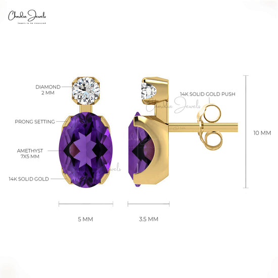 Load image into Gallery viewer, Natural 7X5 MM Oval Cut Amethyst Diamond Accented Studs in Solid Gold
