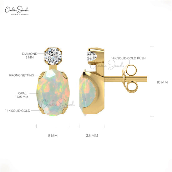 Oval Cut Ethiopian Opal & Real Diamond Accented Stud Earrings In 14K Gold