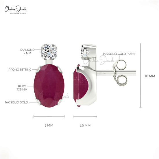 Natural Ruby Diamond Accented Studs in 14k Solid Gold for Women