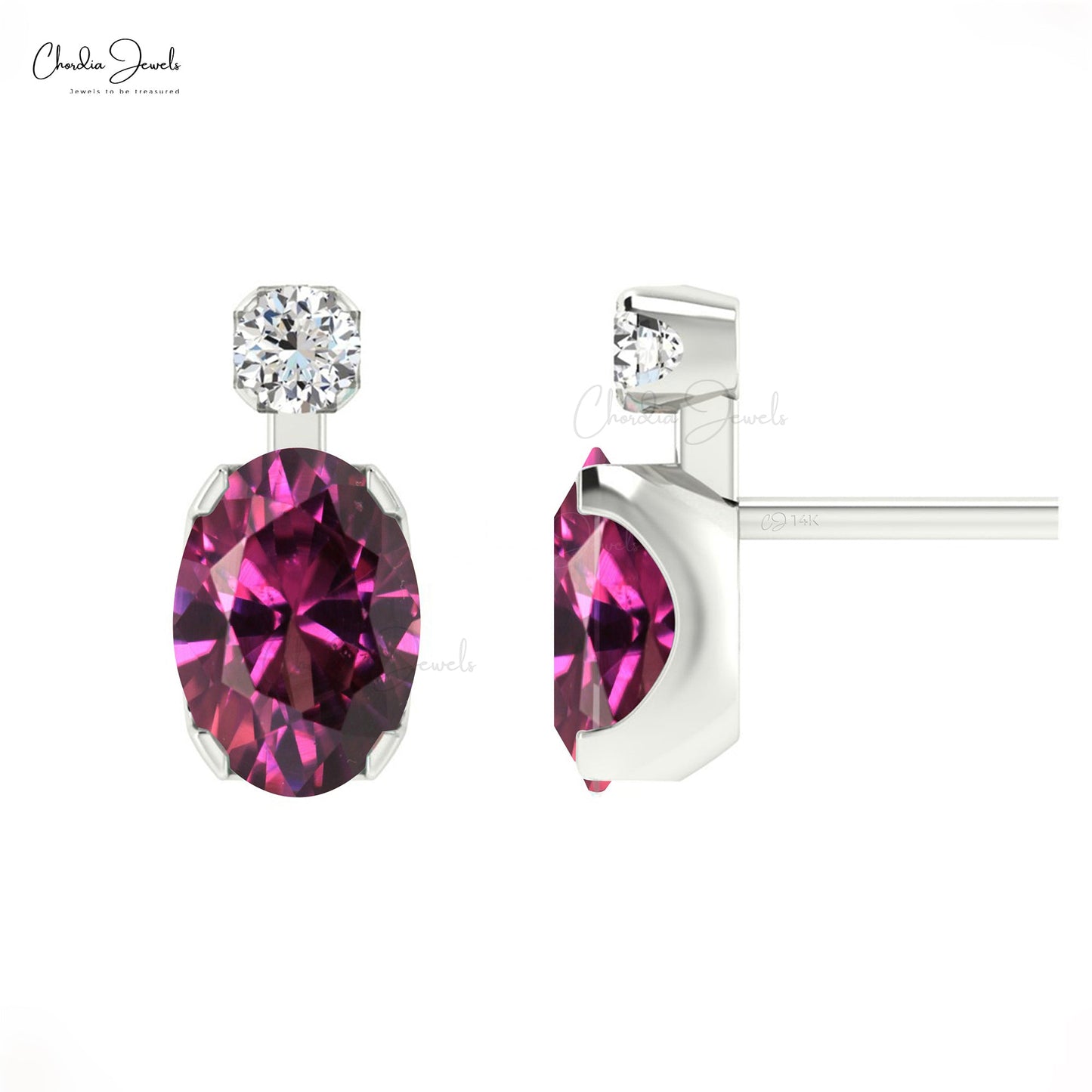 Stunning 14K Solid Gold Oval Cut Rhodolite Garnet Diamond Accented Studs Earrings