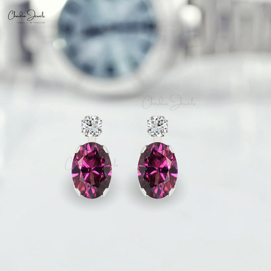 Stunning 14K Solid Gold Oval Cut Rhodolite Garnet Diamond Accented Studs Earrings