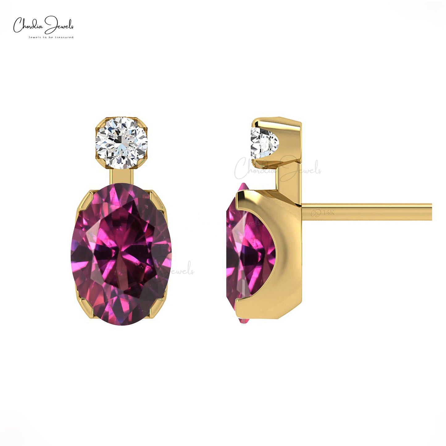 Stunning 14K Solid Gold Oval Cut Rhodolite Garnet Diamond Accented Studs Earrings