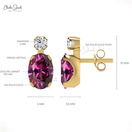 Stunning 14K Solid Gold Oval Cut Rhodolite Garnet Diamond Accented Studs Earrings