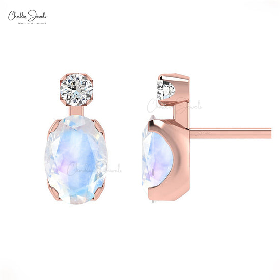 Load image into Gallery viewer, AAA Natural Rainbow Moonstone14K Gold Studs Earrings with G-H Diamond

