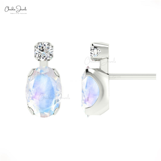 AAA Natural Rainbow Moonstone14K Gold Studs Earrings with G-H Diamond