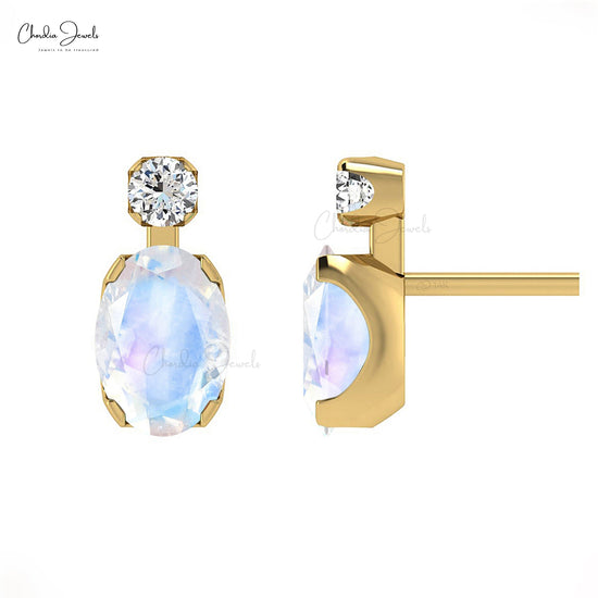 AAA Natural Rainbow Moonstone14K Gold Studs Earrings with G-H Diamond