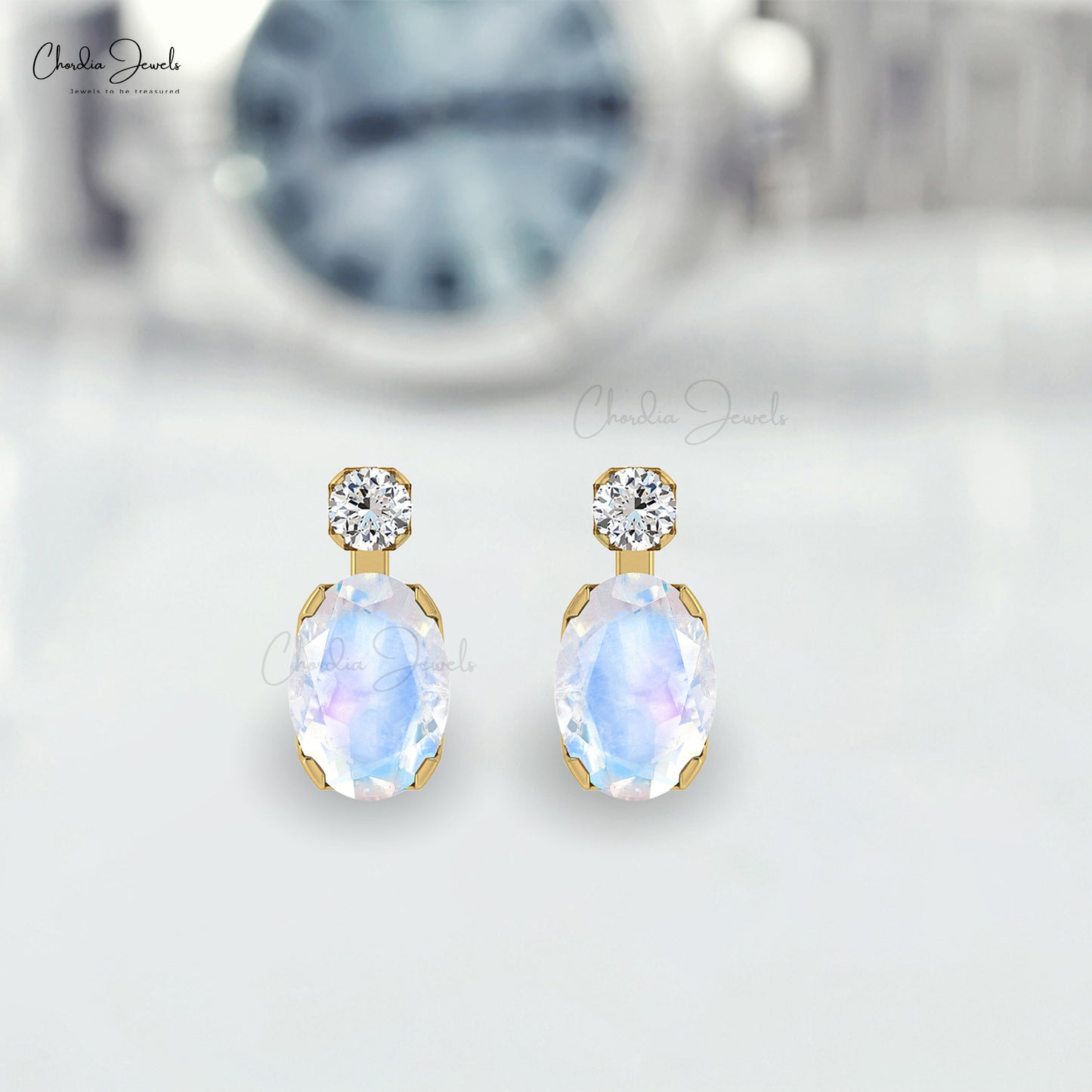 AAA Natural Rainbow Moonstone14K Gold Studs Earrings with G-H Diamond