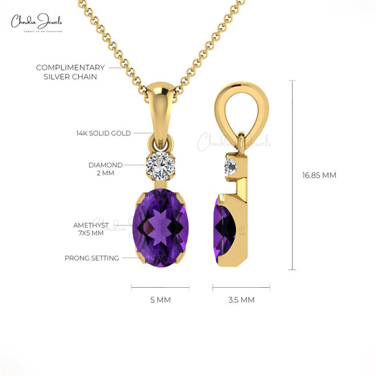Load image into Gallery viewer, 7x5mm Oval Faceted Natural Amethyst Pendant, 14k Solid Gold Diamond Pendant, February Birthstone Pendant Gift for Her
