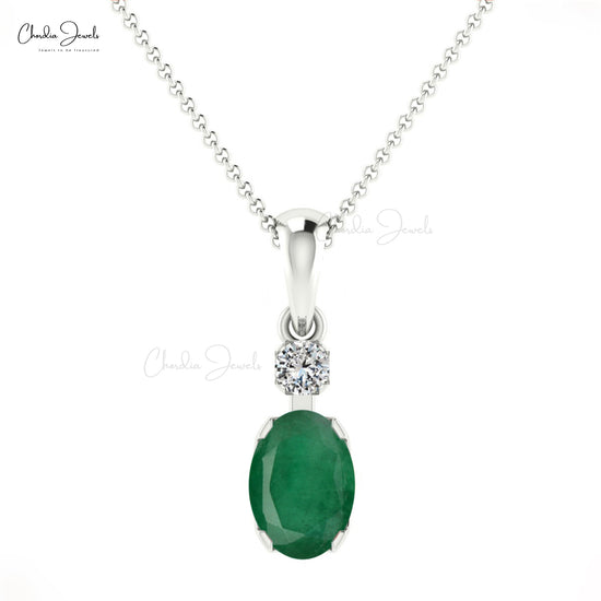 Load image into Gallery viewer, Natural Diamond Accented Minimalist Pendant 14k Solid Gold 0.72ct Emerald Solitaire Pendant
