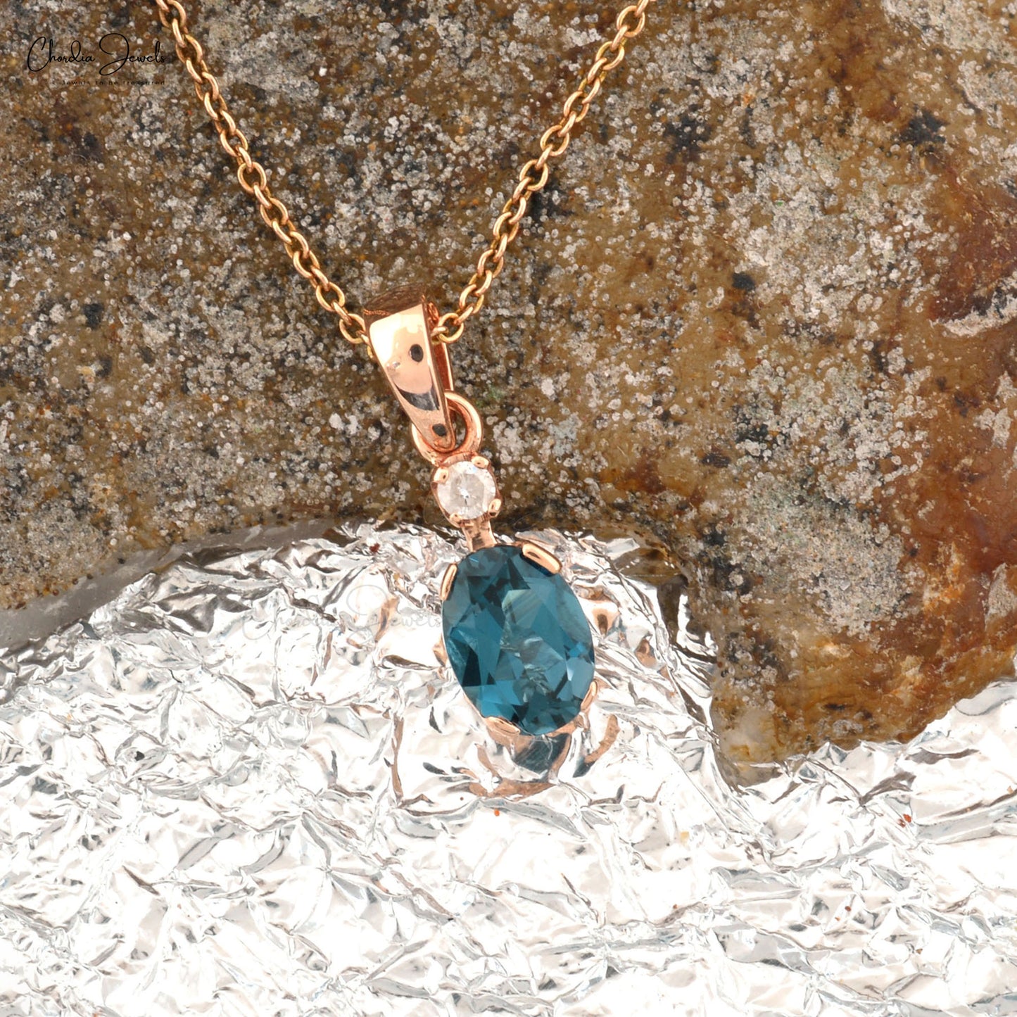 Natural London Blue Topaz 14k Rose Gold Diamond Pendant Prong Set Gemstone Pendant For Her