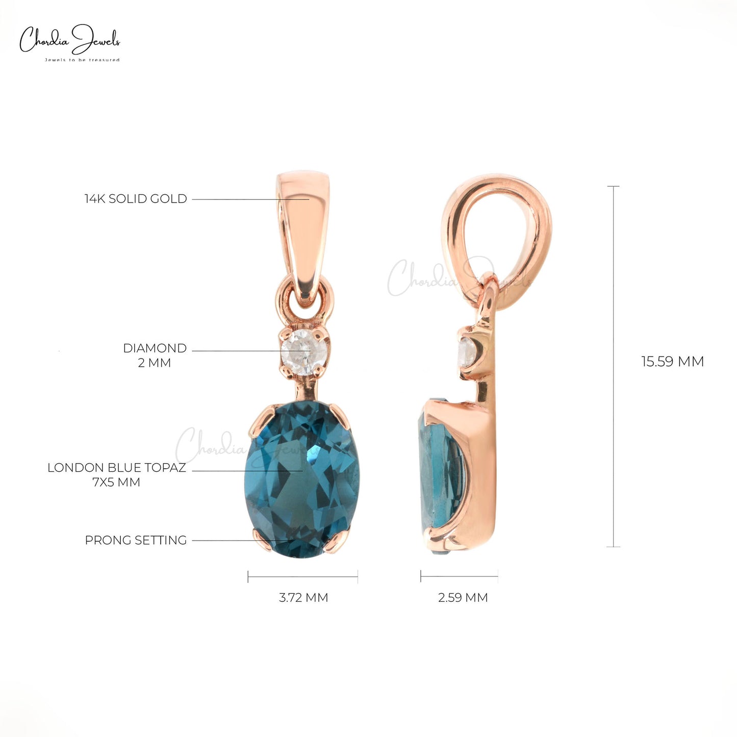 Natural London Blue Topaz 14k Rose Gold Diamond Pendant Prong Set Gemstone Pendant For Her