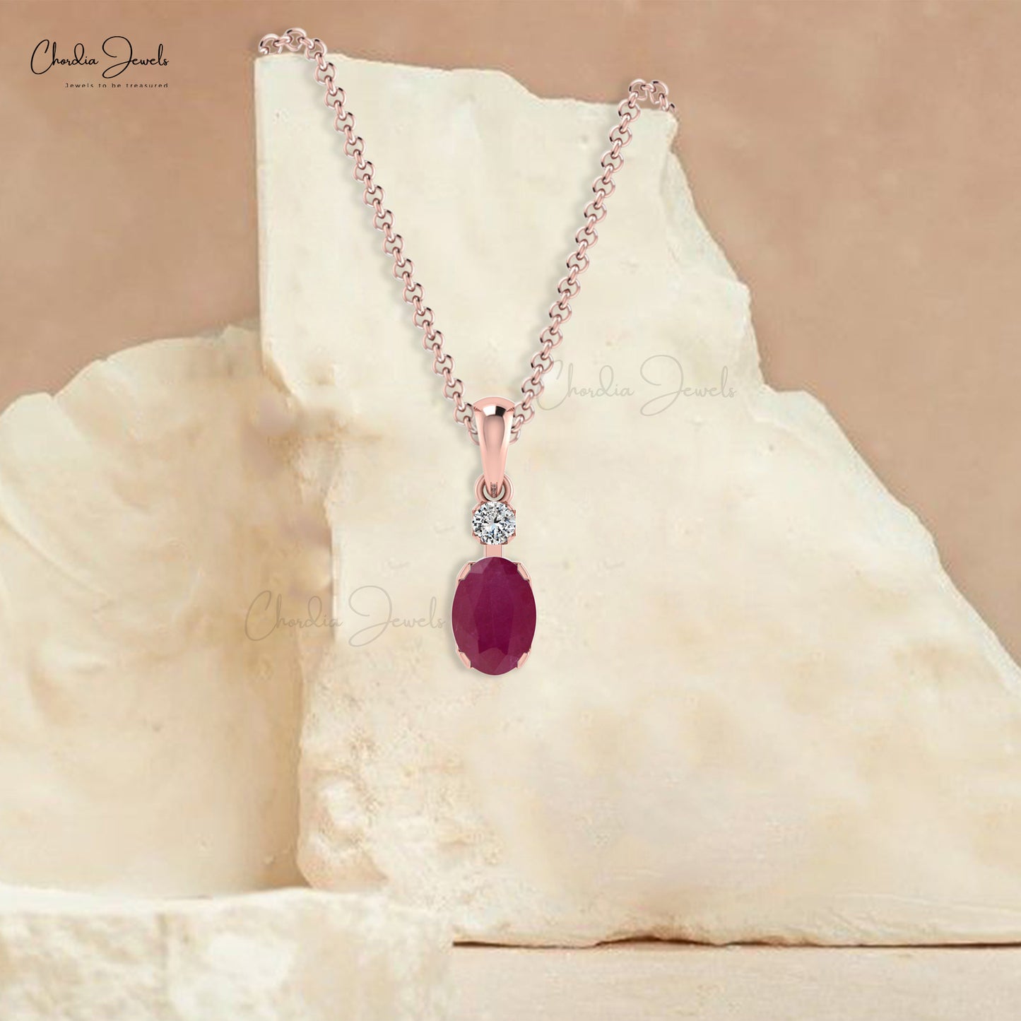 Natural Ruby and Round Diamond 14K Gold Pendant Necklace