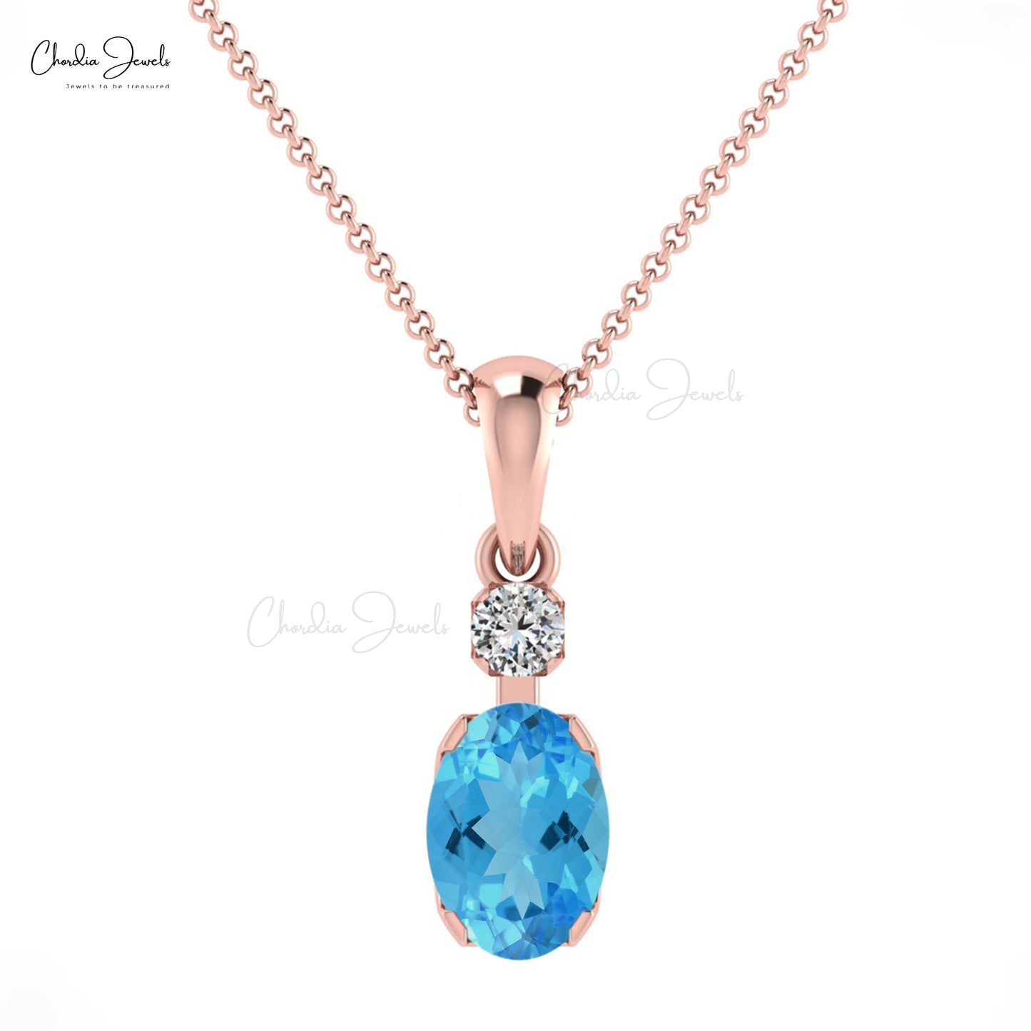 Delicate Women Fine Jewelry Swiss Blue Topaz & Diamond Pendant in 14K Gold