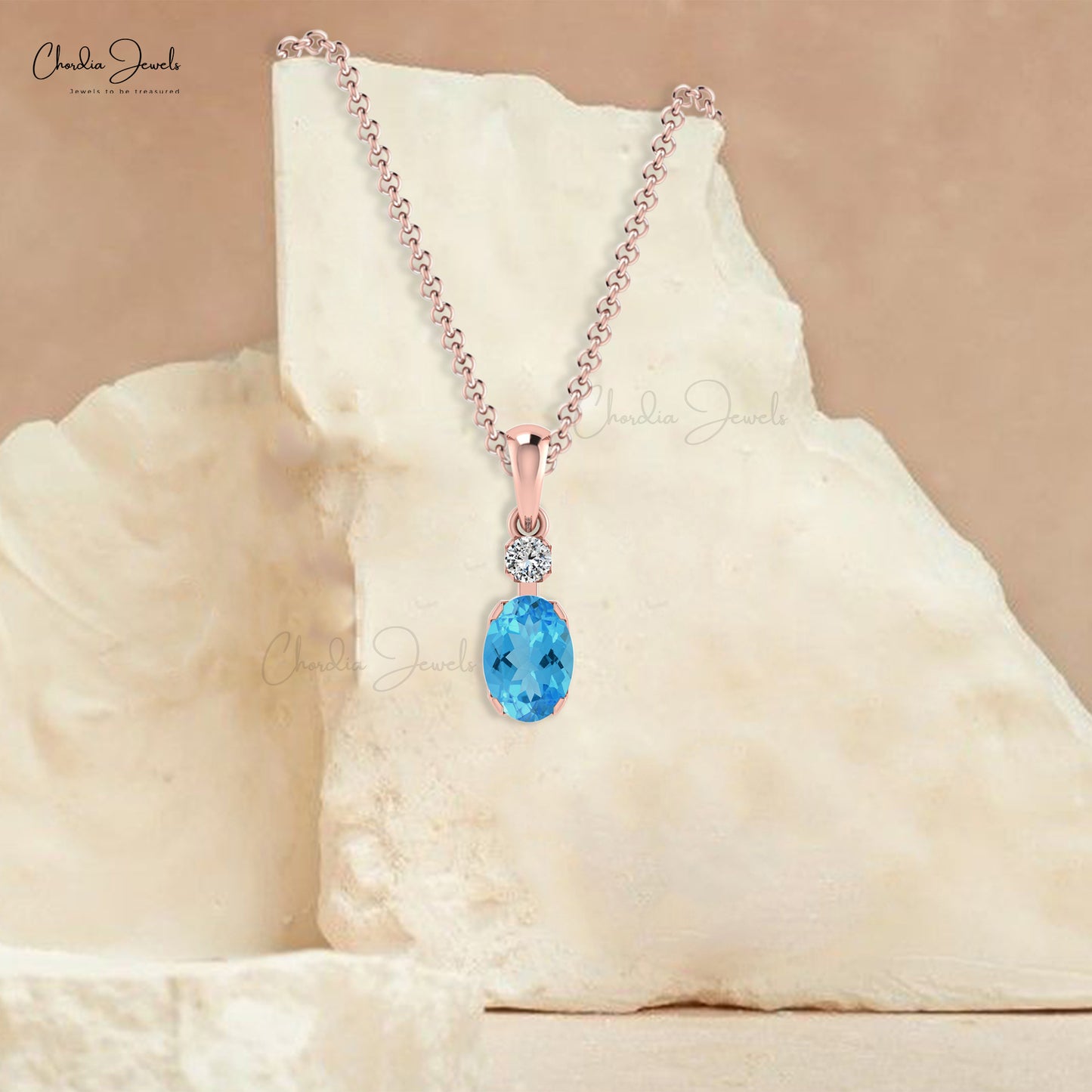 Delicate Women Fine Jewelry Swiss Blue Topaz Diamond Pendant in 14K