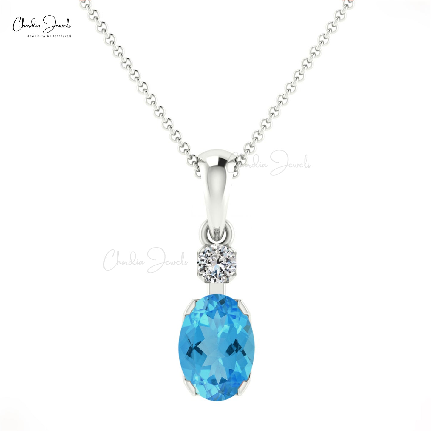 Delicate Women Fine Jewelry Swiss Blue Topaz & Diamond Pendant in 14K Gold