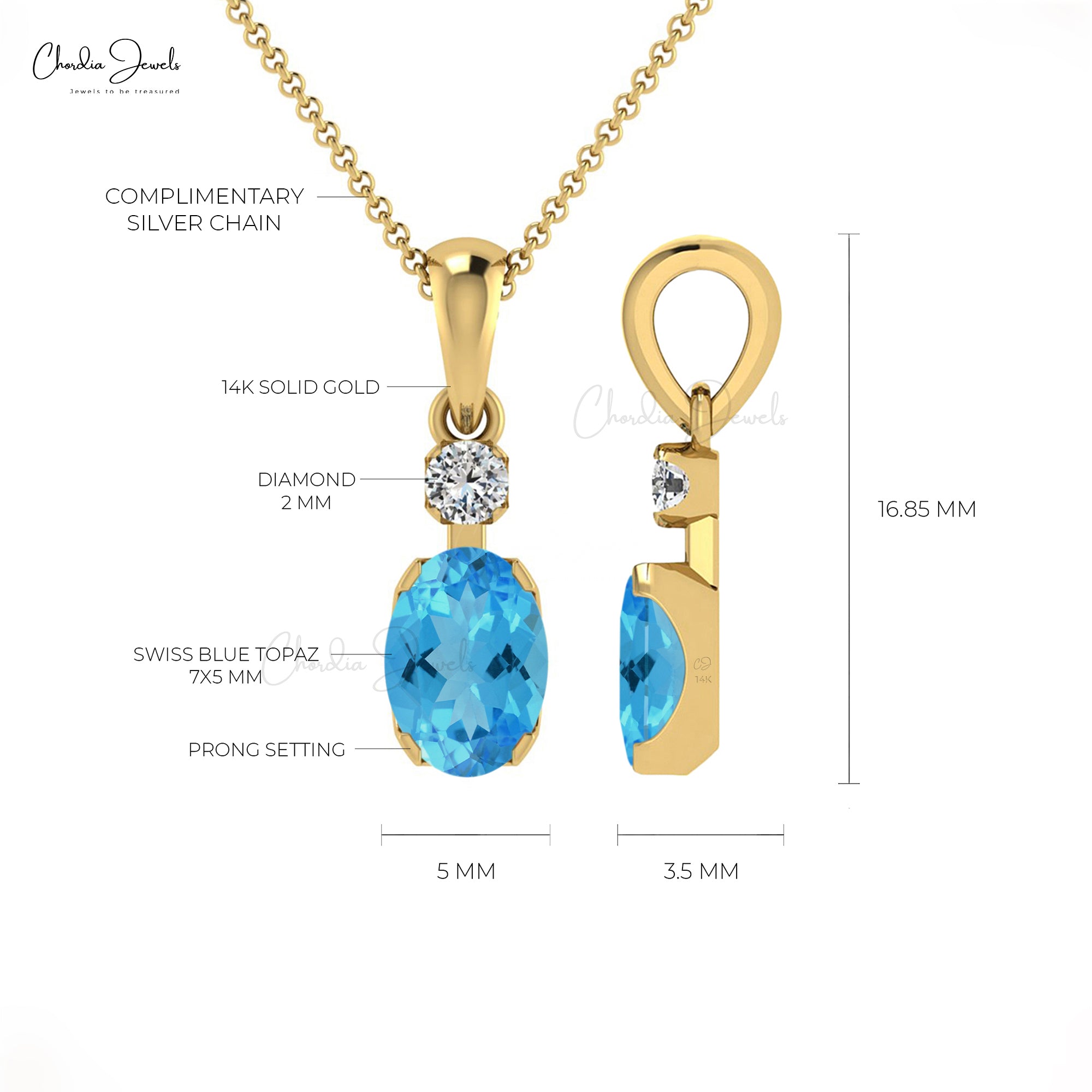 Natural Swiss Blue Topaz Ct Gemstone and Diamond 14k Real Gold Stone  Pendant