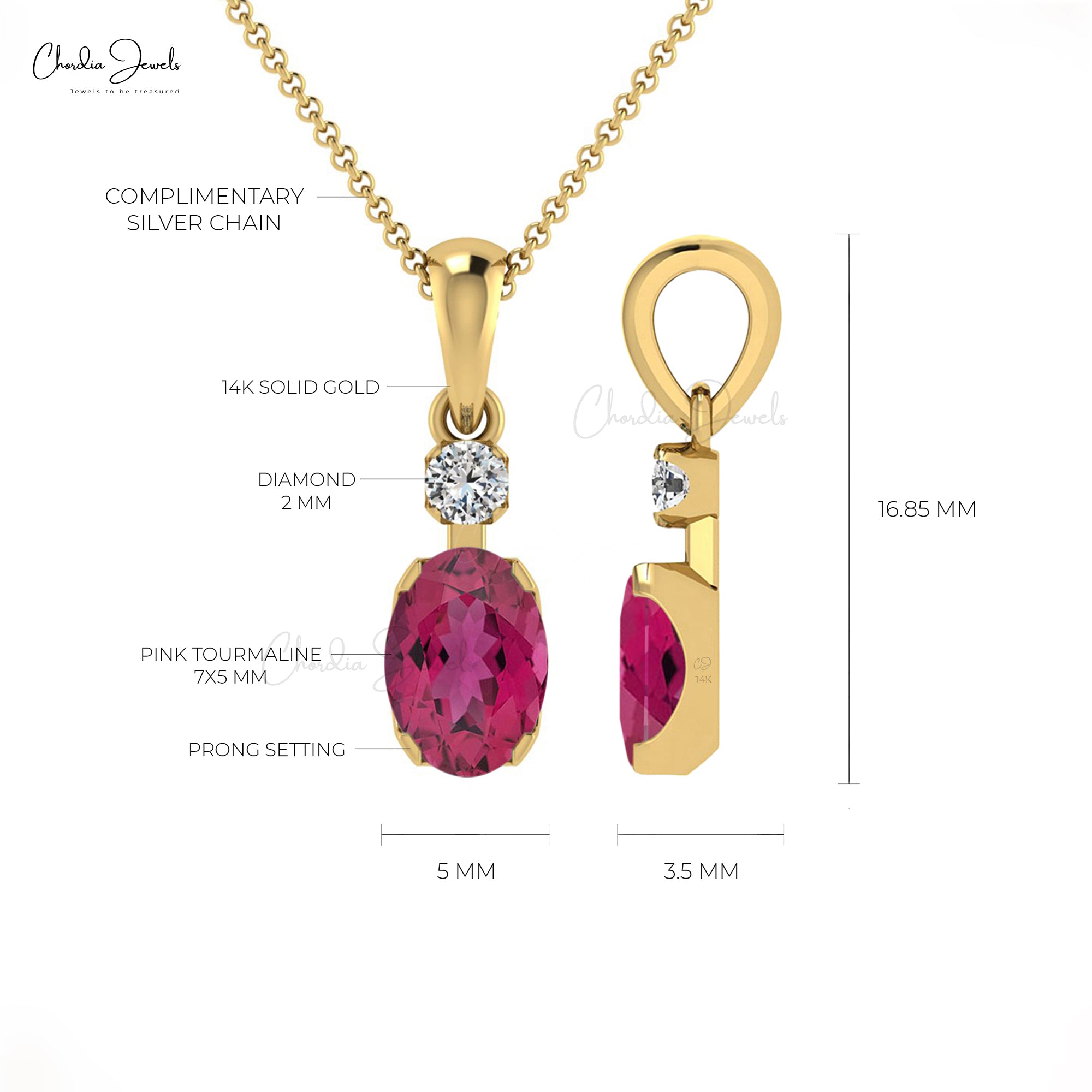 High Class Pink Tourmaline 14K Gold Round Cut Diamond Pendant for Girls Fine Jewelry