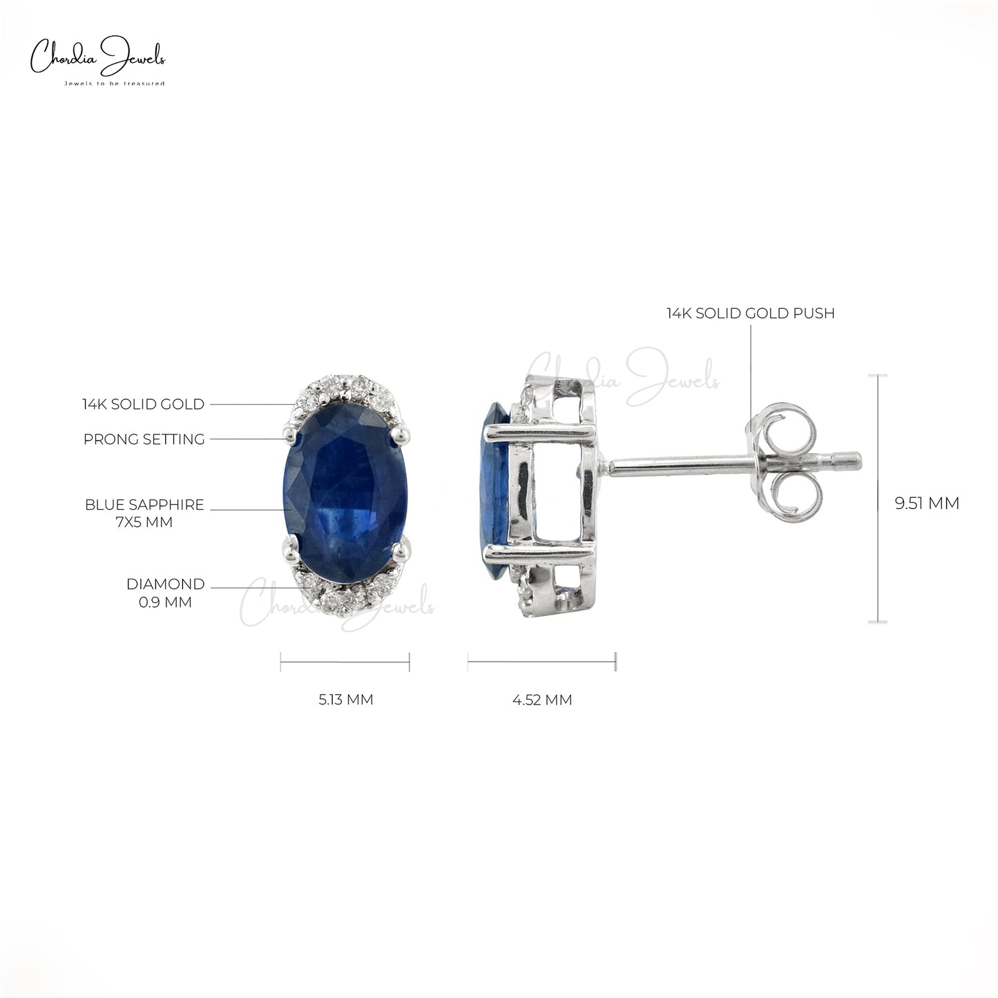 Natural Blue Sapphire White Gold Half Halo Studs Earrings, September Birthstone Blue Sapphire 14K White Gold Diamond Halo Stud Earrings, Blue Sapphire Handmade Studs