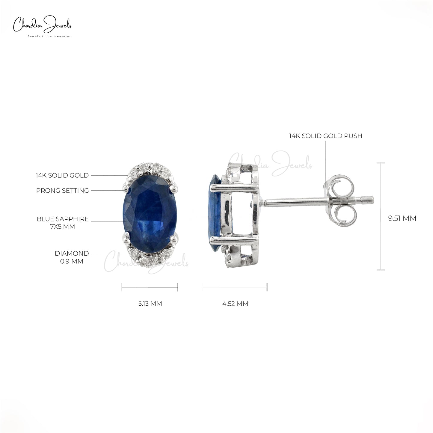 Load image into Gallery viewer, Natural Blue Sapphire White Gold Half Halo Studs Earrings, September Birthstone Blue Sapphire 14K White Gold Diamond Halo Stud Earrings, Blue Sapphire Handmade Studs
