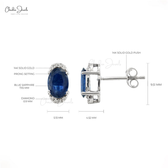 Natural Blue Sapphire White Gold Half Halo Studs Earrings, September Birthstone Blue Sapphire 14K White Gold Diamond Halo Stud Earrings, Blue Sapphire Handmade Studs