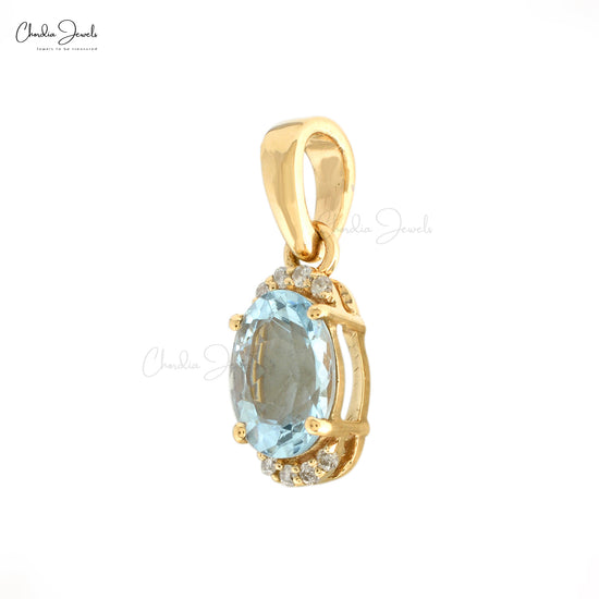 Load image into Gallery viewer, Designer Half Halo Pendant Necklace With 0.75 Ct Natural Aquamarine and White Diamond in 14k Real Gold Wedding Gift For Her
