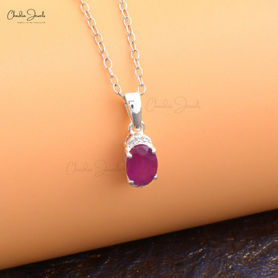 Beautiful Diamond Half Halo Pendant Necklace Authentic Red Ruby Dainty Pendant in 14k Real White Gold Anniversary Gift For Wife