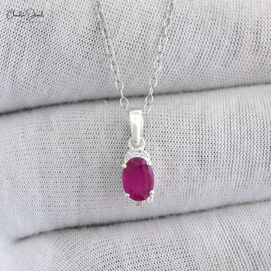 Beautiful Diamond Half Halo Pendant Necklace Authentic Red Ruby Dainty Pendant in 14k Real White Gold Anniversary Gift For Wife