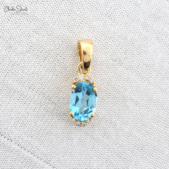 Load image into Gallery viewer, Pure 14k Yellow Gold Oval Swiss Blue Topaz Gemstone Half Halo Pendant Necklace Natural Diamond Handmade Charm Jewelry Wedding Gift
