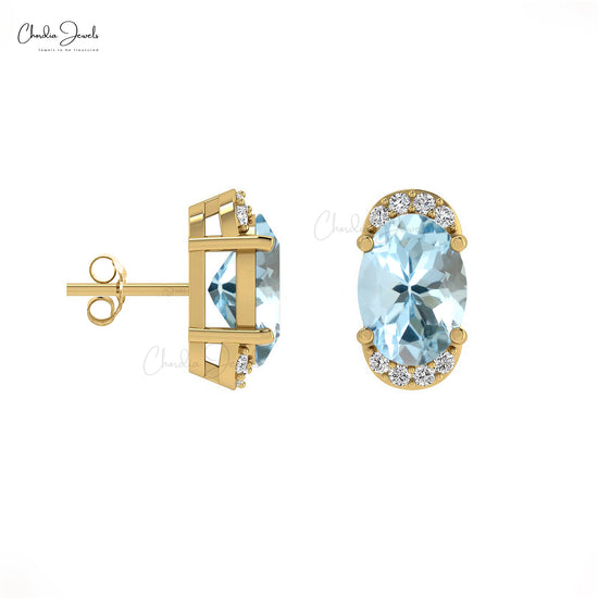 Load image into Gallery viewer, Fine Jewelry AAA Aquamarine &amp;amp; Diamond Half Halo Stud Earrings in 14K Gold
