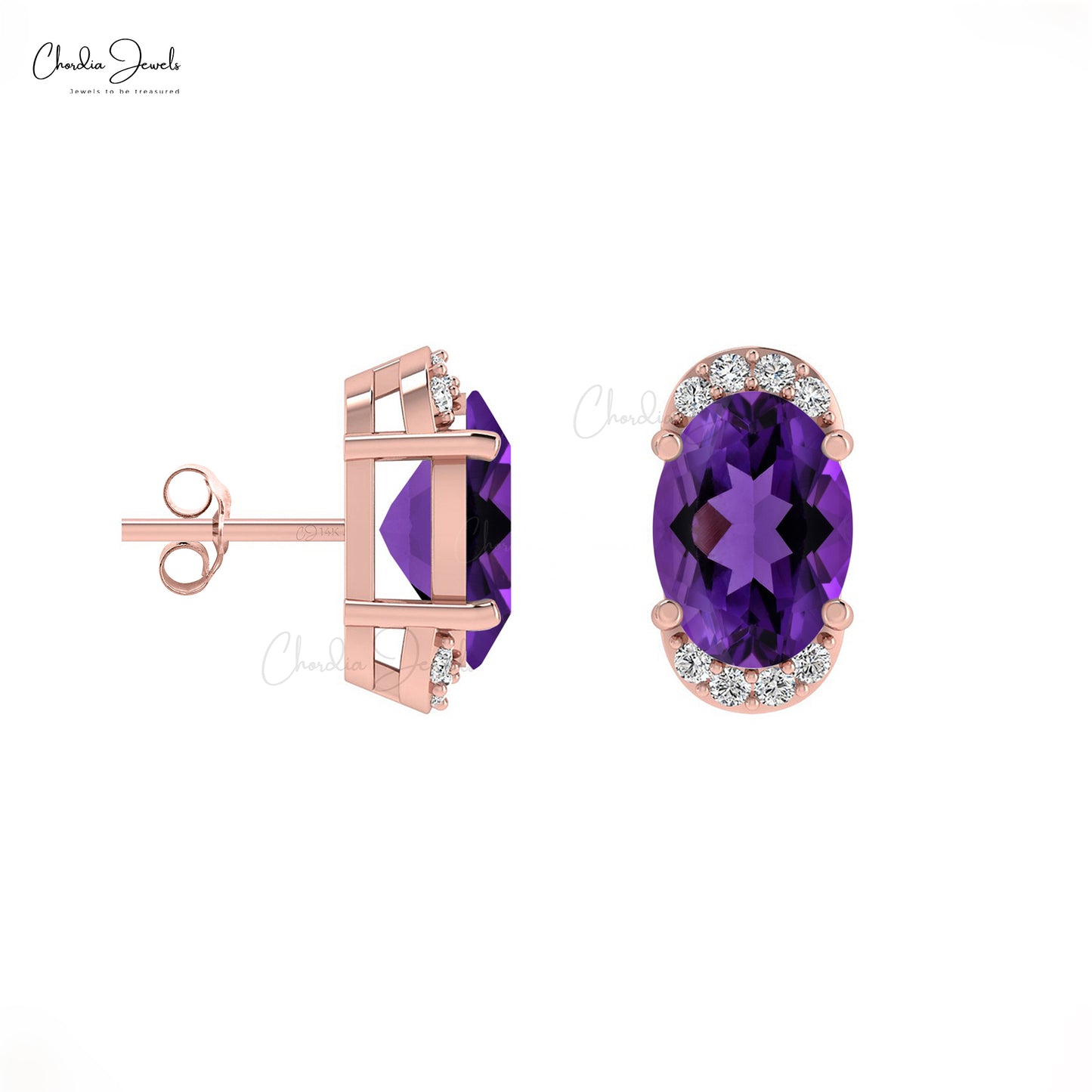 AAA February Birthstone Amethyst 14K Gold Diamond Half Halo Stud Earrings
