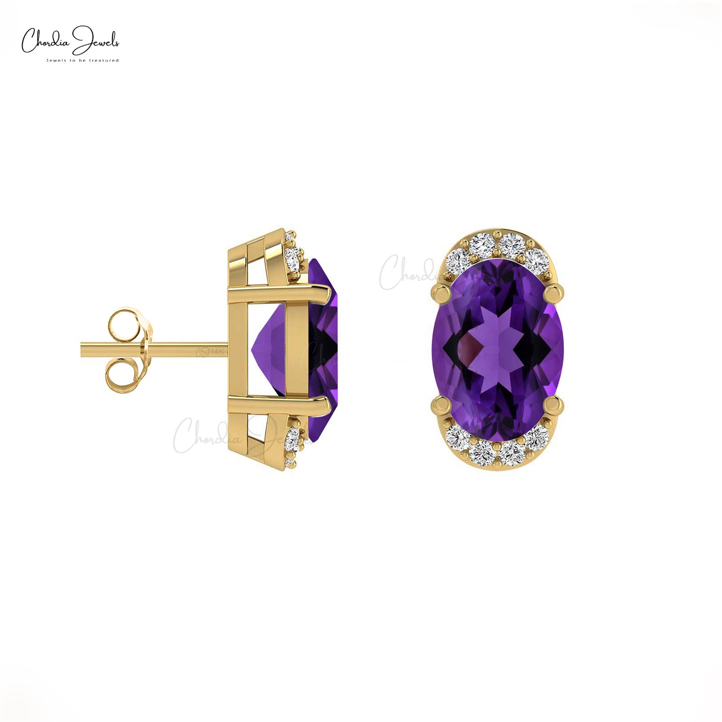 AAA February Birthstone Amethyst 14K Gold Diamond Half Halo Stud Earrings
