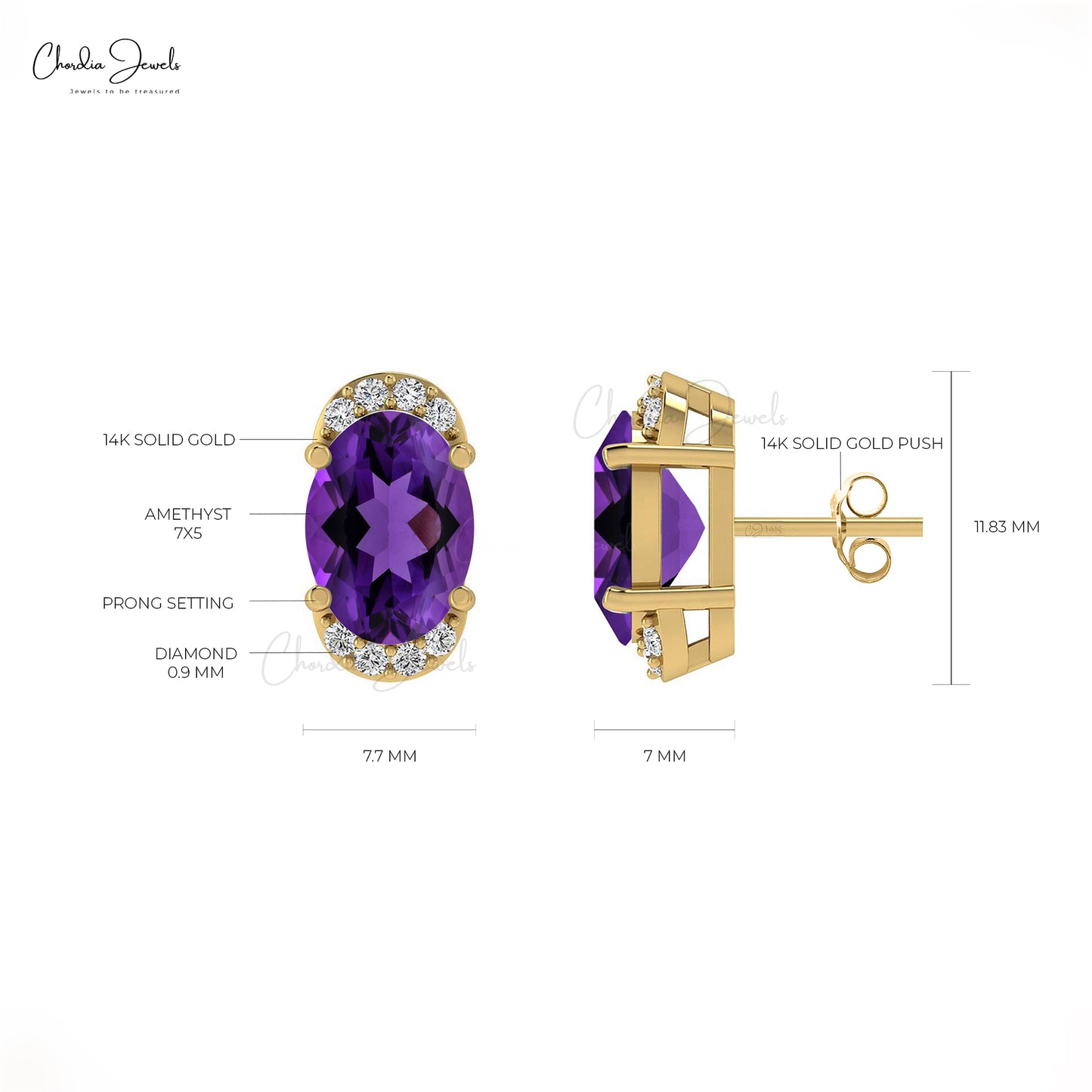 AAA February Birthstone Amethyst 14K Gold Diamond Half Halo Stud Earrings